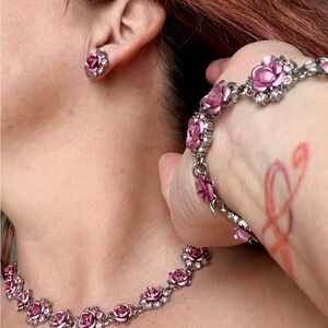 Avon Pink Rose Necklace, Bracelet & Earrings Set